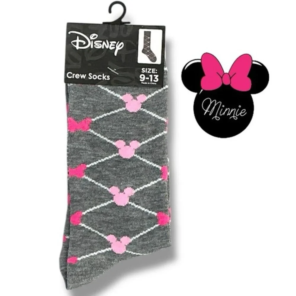 Disney Minnie Mouse Crew Socks Novelty Casual Pink Gray Adult 9-13 One Size